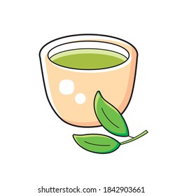 Chinese or Japanese green tea cup and tea branch with two leaves isolated cartoon vector