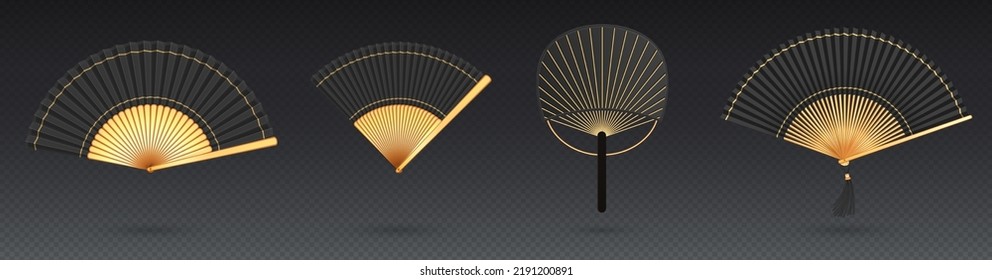 Chinese and japanese hand fans. Black and gold silk accessory, traditional asian handheld folding fans with tassel isolated on transparent background, vector realistic set