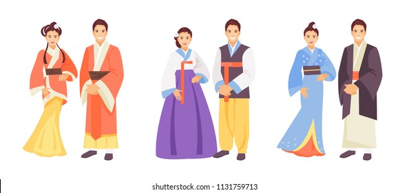 Chinese, Japanese, Korean Man And Woman In Traditional Clothes. Vector Illustration