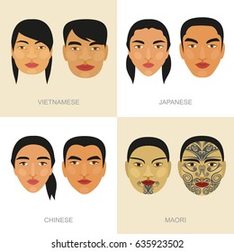 Chinese. Japanese. Maori. Vietnamese. Portrait. Man and woman. Vector drawing.