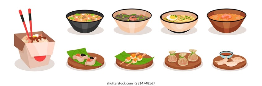 Chinese and Japanese Meal with Soup in Bowl and Noodle in Box Vector Set