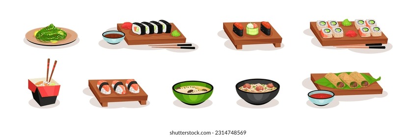 Chinese and Japanese Meal with Soup in Bowl, Laminaria and Sushi Vector Set