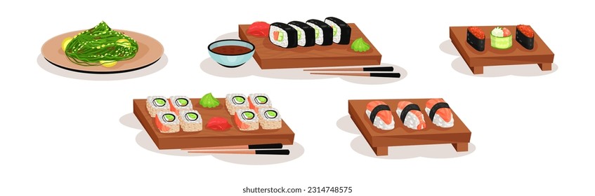 Chinese and Japanese Meal with Sushi, Laminaria and Maki Vector Set