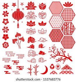 Chinese and japanese new year elements. Festive oriental asian style. Red cloud, flowers and moon, bamboo and sakura, lotus leaves vector traditional decoration pattern collection