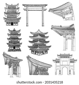 Chinese and Japanese pagoda. Archway gates or garden gate arch. Japanese Torii. Temple or Buddhist monastery architecture. Tree house for jungles. Set. Vector.