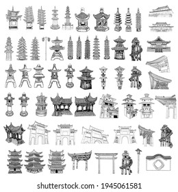 Chinese and Japanese pagoda. Japan street lamp Toro. Asian pole lantern. Archway gates or gate arch. Japanese Torii. Temple or Buddhist monastery architecture. Tree house for jungles. Set. Vector.