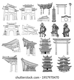 Chinese and Japanese pagoda. Japan street pole lamp. Asian lantern. Archway gates or garden gate arch. Japanese Torii. Temple or Buddhist monastery architecture. Tree house for jungles. Set. Vector.