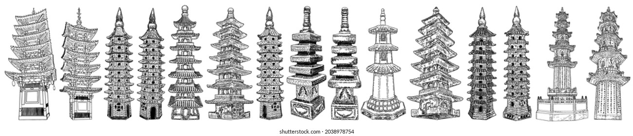 Chinese and Japanese pagoda landmarks, Buddha and saint tombs near temple in traditional Asian style set. Architecture building made of wood and stone. Spiritual stupa or monument with tiers. Vector.