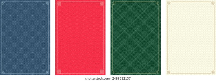 Conjunto de patrones chino y japonés. Fondo de estilo tradicional geométrico oriental. Colección de marco de textura colorida lineal asiática. Azul, rojo, verde y amarillo Asia decoración abstracta. Anuncio oriental