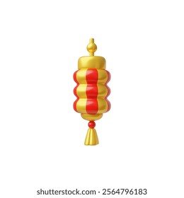 Chinese or Japanese red and golden hanging lantern with tassel 3D plastic style vector icon. Traditional Asian volume decorations for Chinese New Year festival render isolated