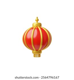 Chinese or Japanese red hanging round lantern with gold elements and tassel 3D plastic style icon. Traditional Asian volume decorations, Chinese New Year festival. Vector render illustration isolated