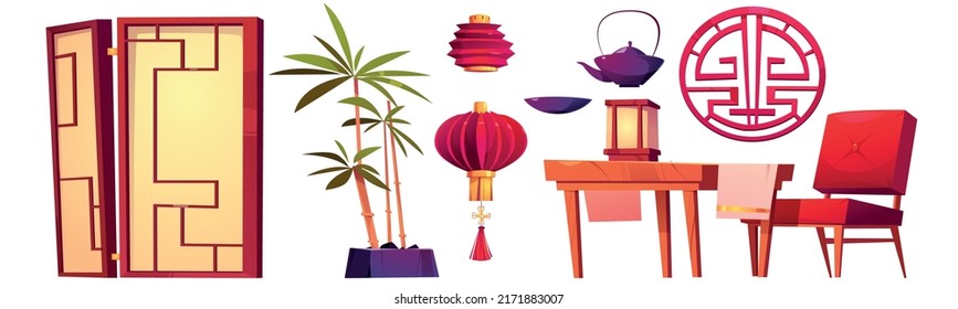 Chinese or japanese restaurant room with furniture for tea ceremony. Vector cartoon illustration of asian traditional red lantern, table, chair, folding screen and tea pot isolated on white background