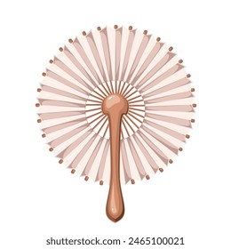Chinese and Japanese round paper folding fan, cartoon traditional decoration. Oriental retro white circle with wooden handle, tradition of Asia mascot, cartoon handheld fan vector illustration