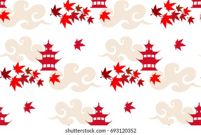 Chinese and Japanese seamless pattern with autumn leaf and clouds.