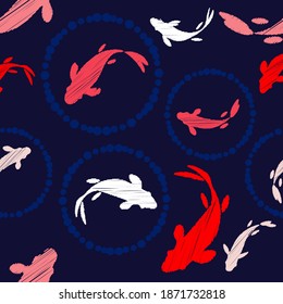 Chinese or Japanese seamless pattern Koi. Carp. Design with manual hatching. Textile. Vector illustration for web design or print.