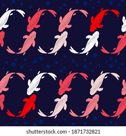Chinese or Japanese seamless pattern Koi. Carp. Design with manual hatching. Textile. Vector illustration for web design or print.