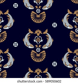 Chinese or Japanese seamless pattern with Koi fish and stylized lotus.