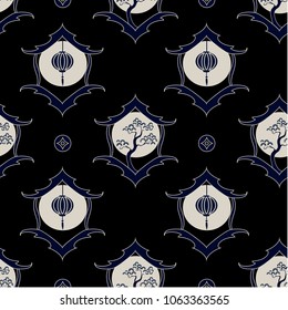 Chinese and Japanese seamless pattern  with lanterns and pine tree. Oriental traditional vector.