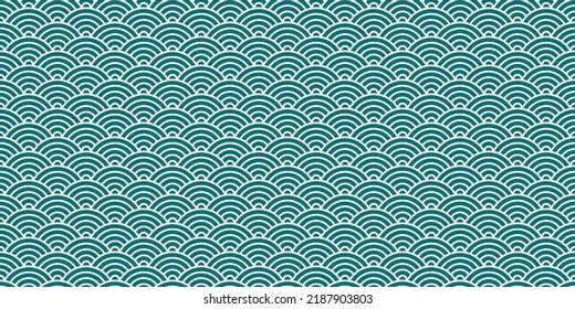 Chinese and Japanese seamless pattern. Traditional asian ornament, oriental New Year decoration. Modern green background, geometric texture with waves. Vector illustration