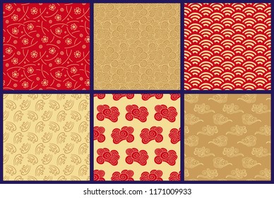 Chinese, Japanese seamless patterns set. Traditional asian red and gold waves and clouds geometric. Oriental ornament wallpaper, textile print backgrounds collection. Vector illustration