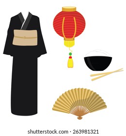 Chinese, japanese set with black kimono, golden folding fan, rise bowl with chopsticks and lantern light vector 