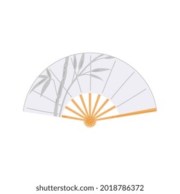 Chinese or Japanese silk white fan decorated with bamboo, flat vector illustration isolated on white background. Element of asian women costume or interior decor.