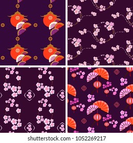 Chinese and Japanese spring patterns set.   Seamless vector ornaments with  japanese cherry tree sakura and fans.  Oriental vector background collection.