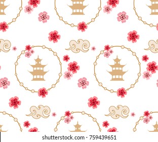 Chinese and Japanese spring seamless pattern with cherry blossom.