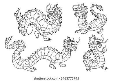 a Chinese or Japanese style dragon illustration Hand drawn in line style
