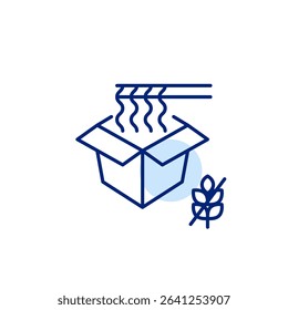 Chinese or Japanese takeaway box, noodles and chopsticks and gluten free symbol. Dietary restrictions, food labelling. Pixel perfect, editable stroke vector icon