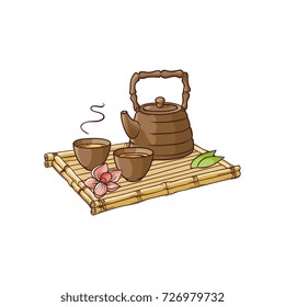 Chinese, Japanese teapot and teacups on bamboo trivet, tray, platter, cartoon vector illustration on white background. Teapot and teacups, pots and cups on bamboo tray, Chinese, Japanese tea ceremony