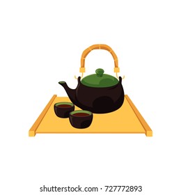 Chinese, Japanese teapot and teacups on wooden trivet tray platter, cartoon vector illustration on white background. Teapot and teacups, pots and cups on wooden trivet, Chinese, Japanese tea ceremony