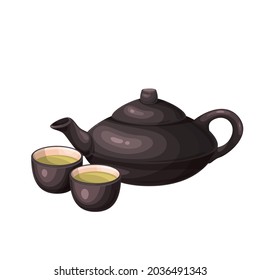 Chinese or Japanese teapot and teacups. Teapot and teacups , Chinese, Japanese tea ceremony vector illustration.