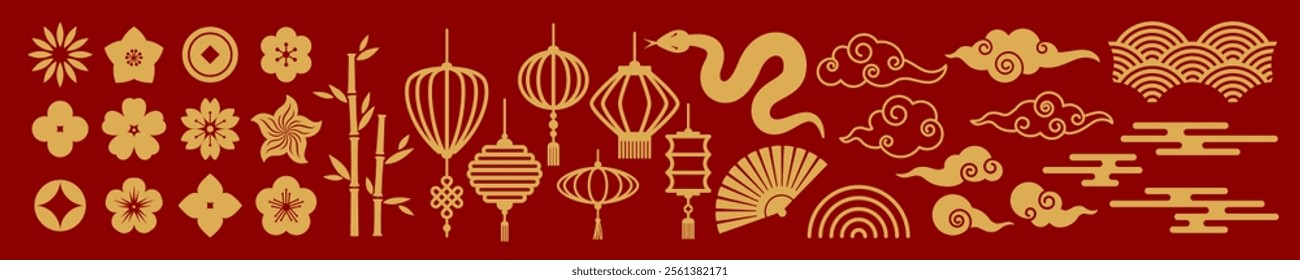 Chinese and Japanese Traditional decorative elements. Chinese paper lantern, snake, fan, cloud, coin, flower isolated icons for card, banner, print, flyer, poster, cover. Asian Lunar New Year