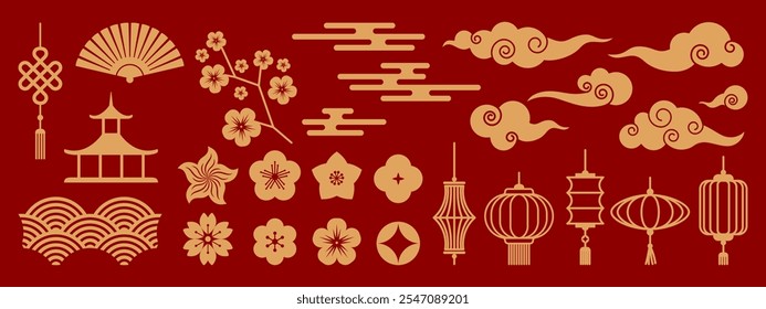 Texturas e elementos decorativos tradicionais chineses e japoneses. Chinês lanterna de papel, ventilador, nuvem, moeda, flor ícones isolados para cartão, banner, impressão, folheto, cartaz, capa. Ano Novo Lunar Asiático