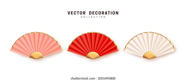 Chinese and Japanese traditional fan paper and bamboo realistic 3d design, collection in three colors pink, white and red. Set is isolated on white background. Vector illustration