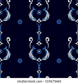 Chinese or Japanese vector seamless pattern. Traditional blue Chinese porcelain pattern with fish carp symbol luck.