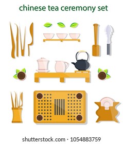 Chinese, Japanese, Vietnam, East, Asian tea ceremony tools set. Kung Fu Cha, Gong Fu Tea, Gong Fu Ch. 
Modern flat style vector illustration icons. 
Isolated on white background. Devices for Pu'er. 