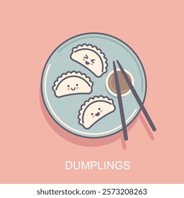 Chinese jiaozi steamed dumplings in kawaii style. Isolated vector asian food chinese gyoza illustrations with shadow