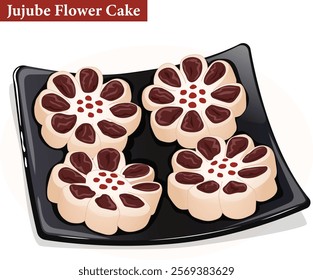 Chinese Jujube Date Flower Cakes Served on Black Plate. Beijing Special Lunar New Year Pastry Zao Hua Gao Illustration 