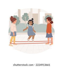 Chinese jump rope isolated cartoon vector illustration. Girls standing with elastic rubber band around ankles, one kid jumping over chinese rope, students having fun, recess vector cartoon.