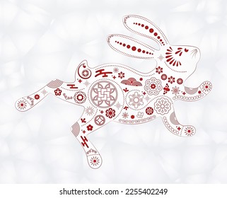 Chinese jumping rabbit. Zodiac animals with traditional Chinese pattern. Spring Festival and Easter holiday decoration. Paper cut style. Flat vector illustration.