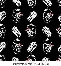 chinese jumping vampire ghost head and coffin seamless pattern on black background