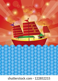 Chinese Junk Colorful Sail Boat With Smooth Sailing And Good Luck Text On Water And Sky Background Illustration Vector