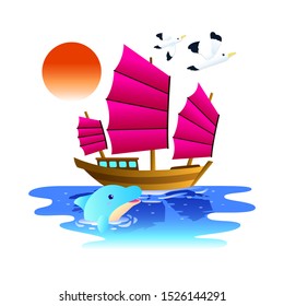 Chinese junk sailing along the sea with dolphins and seagulls