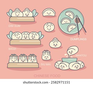 Chinese kawaii dumplings. Xiao Long Bao, Siu Mai, Baozi