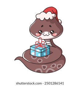 Chinese Kawaii snake wearing hat carrying gift flat color vector style. Design highlights festive and joyful spirit associated with New Year on white