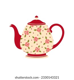 Chinese kettle with floral print with tea or coffee, porcelain pot with decorative flowers. Vector tea-kettle pottery utensil, chinese dishware item