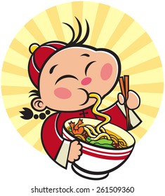 Chinese Kid holding a bowl of Chinese Noodle