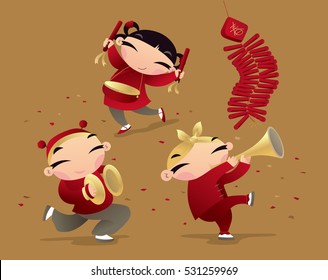 Chinese kids celebrating Lunar New Year Coming (translation of Chinese character: Spring)